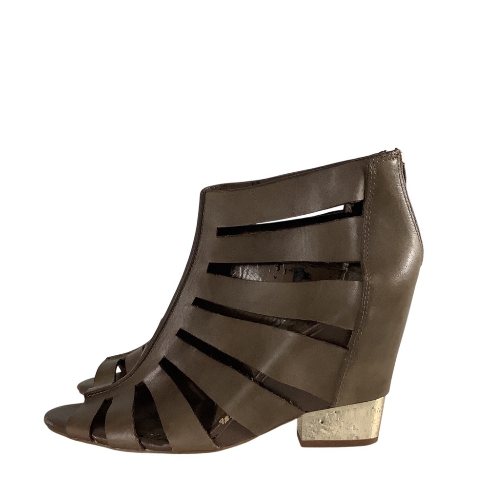BCBGeneration Taupe Brown Strappy Caged Wedge Sandals Gold Heel Size 10M